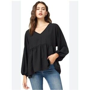 Umgee Babydoll Tunic Top Black Balloon Sleeve V Neck Women’s Size Small